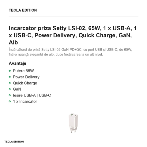 Incarcator priza Setty LSI-02, 65W, 1 x USB-A, 1 x USB-C, Power Delivery, Quick Charge, GaN, Alb [1]