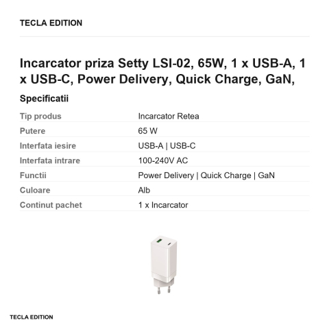 Incarcator priza Setty LSI-02, 65W, 1 x USB-A, 1 x USB-C, Power Delivery, Quick Charge, GaN, Alb [2]