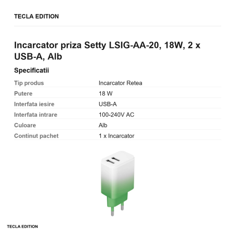 Incarcator priza Setty LSIG-AA-20, 18W, 2 x USB-A, Alb-Mint [2]