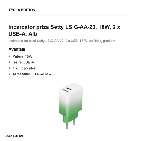 Incarcator priza Setty LSIG-AA-20, 18W, 2 x USB-A, Alb-Mint [1]