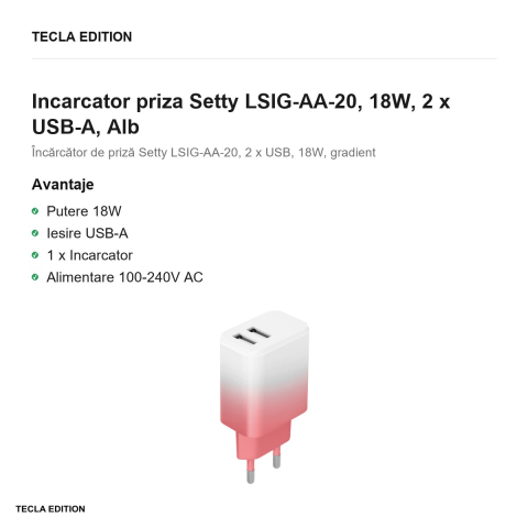 Incarcator priza Setty LSIG-AA-20, 18W, 2 x USB-A, Alb-Roz [1]