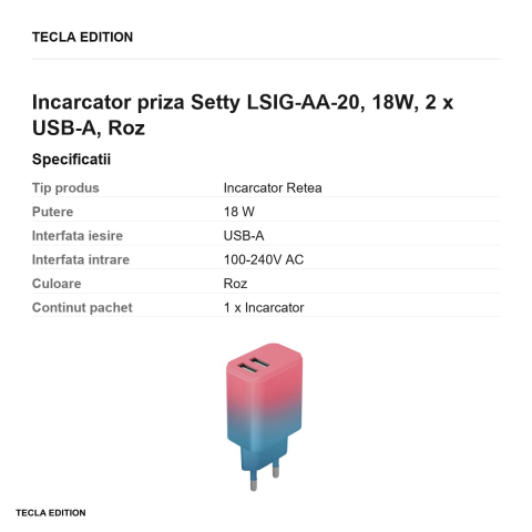 Incarcator priza Setty LSIG-AA-20, 18W, 2 x USB-A, Roz [2]