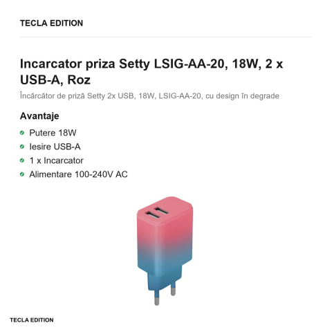 Incarcator priza Setty LSIG-AA-20, 18W, 2 x USB-A, Roz [1]