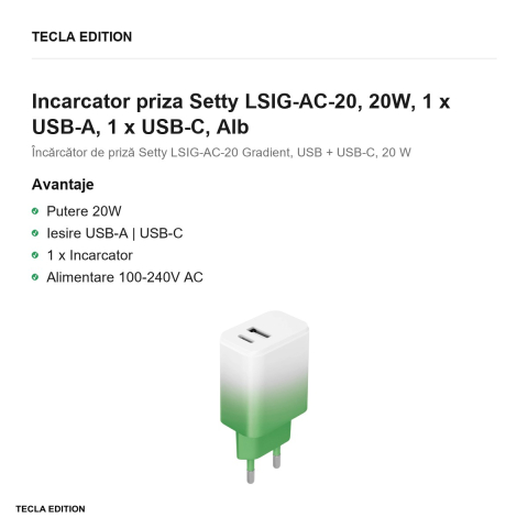 Incarcator priza Setty LSIG-AC-20, 20W, 1 x USB-A, 1 x USB-C, Alb-Mint [1]