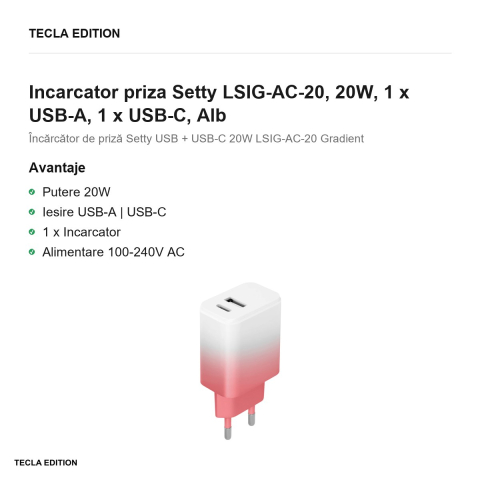 Incarcator priza Setty LSIG-AC-20, 20W, 1 x USB-A, 1 x USB-C, Alb-Roz [1]