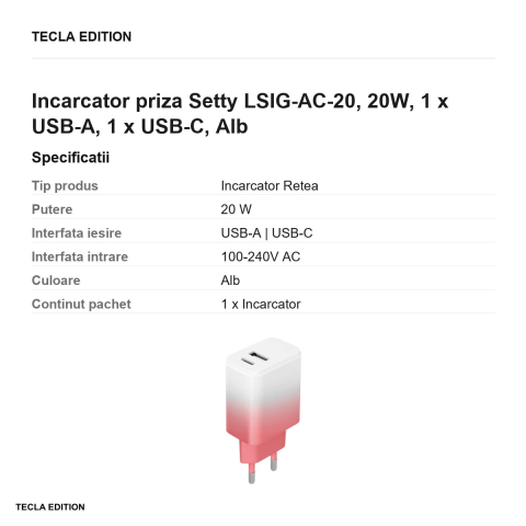 Incarcator priza Setty LSIG-AC-20, 20W, 1 x USB-A, 1 x USB-C, Alb-Roz [2]
