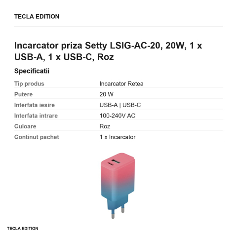 Incarcator priza Setty LSIG-AC-20, 20W, 1 x USB-A, 1 x USB-C, Roz [2]