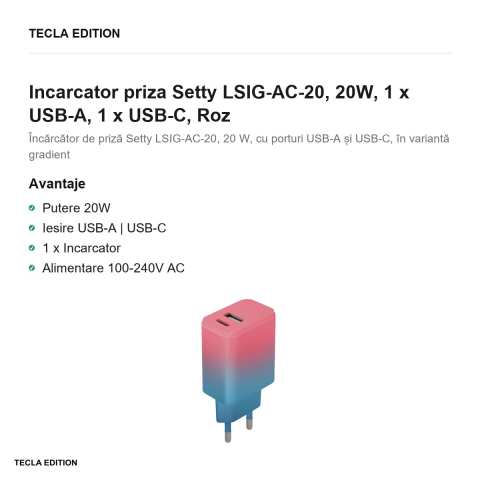 Incarcator priza Setty LSIG-AC-20, 20W, 1 x USB-A, 1 x USB-C, Roz [1]