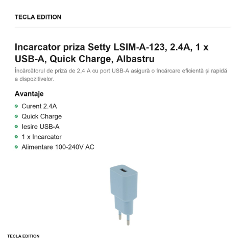 Incarcator priza Setty LSIM-A-123, 2.4A, 1 x USB-A, Quick Charge, Albastru [1]