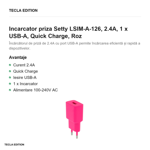 Incarcator priza Setty LSIM-A-126, 2.4A, 1 x USB-A, Quick Charge, Roz [1]