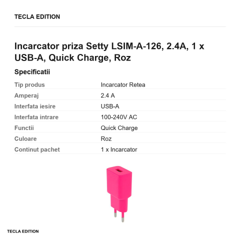 Incarcator priza Setty LSIM-A-126, 2.4A, 1 x USB-A, Quick Charge, Roz [2]