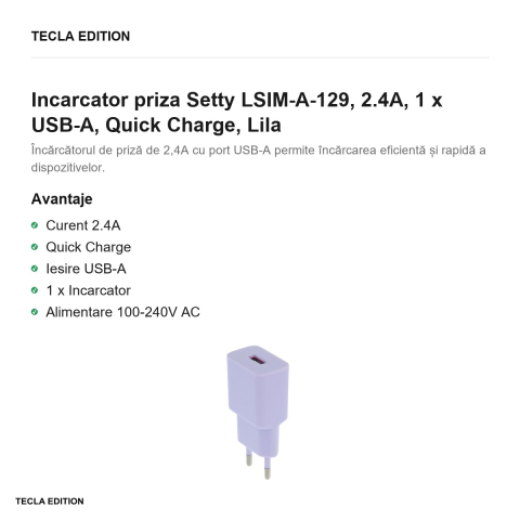 Incarcator priza Setty LSIM-A-129, 2.4A, 1 x USB-A, Quick Charge, Lila [1]