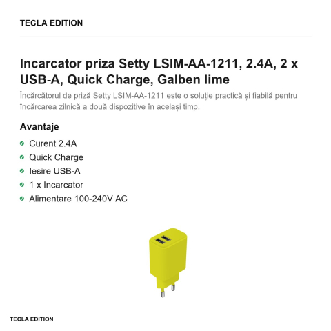 Incarcator priza Setty LSIM-AA-1211, 2.4A, 2 x USB-A, Quick Charge, Galben lime [1]