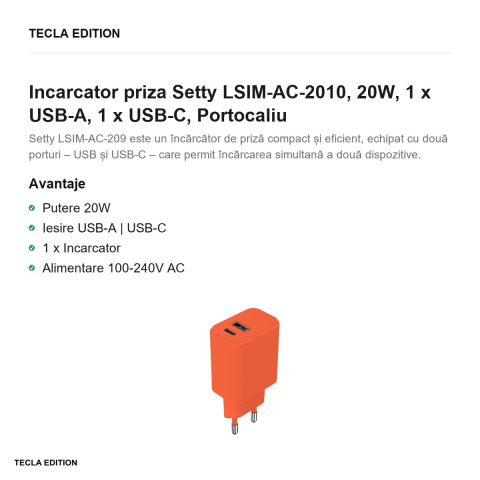 Incarcator priza Setty LSIM-AC-2010, 20W, 1 x USB-A, 1 x USB-C, Portocaliu [1]