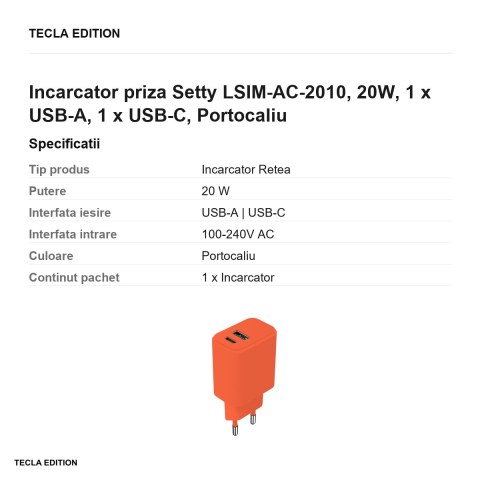 Incarcator priza Setty LSIM-AC-2010, 20W, 1 x USB-A, 1 x USB-C, Portocaliu [2]
