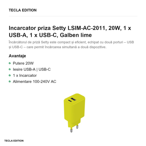 Incarcator priza Setty LSIM-AC-2011, 20W, 1 x USB-A, 1 x USB-C, Galben lime [1]