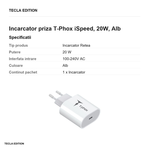 Incarcator priza T-Phox iSpeed, 20W, Alb [2]