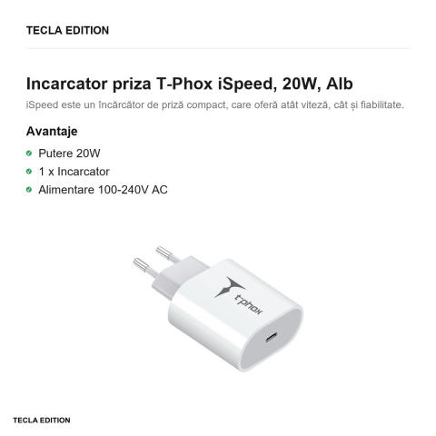 Incarcator priza T-Phox iSpeed, 20W, Alb [1]