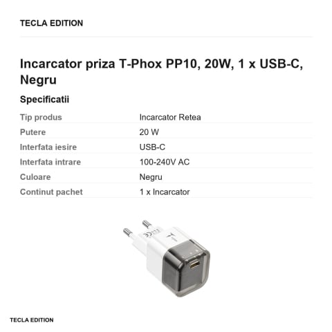 Incarcator priza T-Phox PP10, 20W, 1 x USB-C, Negru [2]