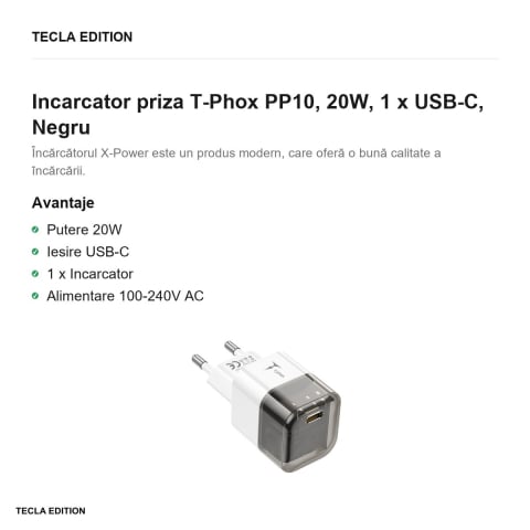 Incarcator priza T-Phox PP10, 20W, 1 x USB-C, Negru [1]