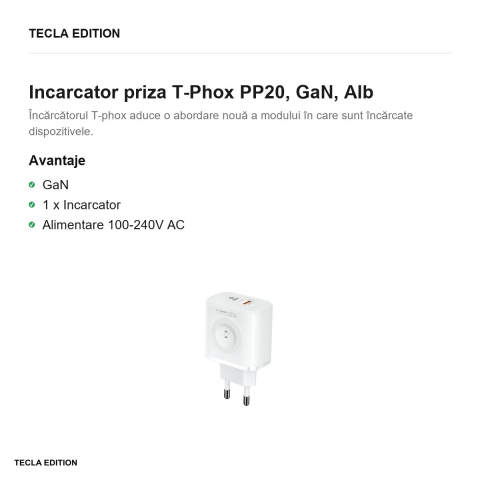Incarcator priza T-Phox PP20, GaN, Alb [1]