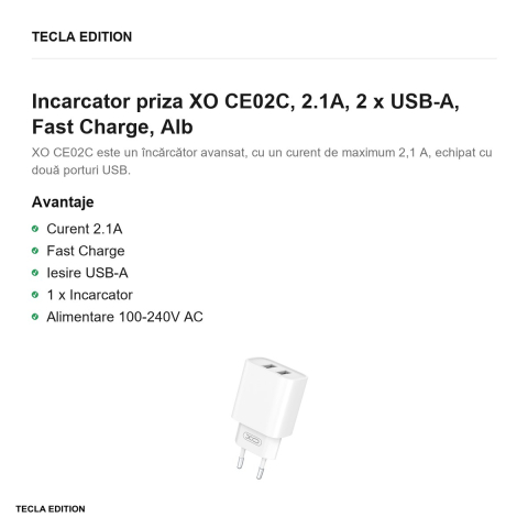 Incarcator priza XO CE02C, 2.1A, 2 x USB-A, Fast Charge, Alb [1]