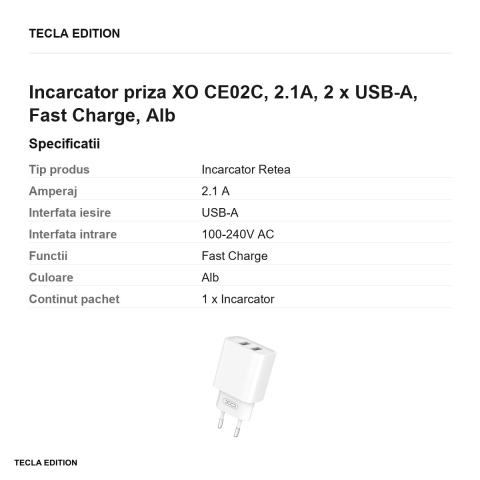 Incarcator priza XO CE02C, 2.1A, 2 x USB-A, Fast Charge, Alb [2]