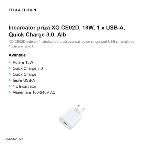 Incarcator priza XO CE02D, 18W, 1 x USB-A, Quick Charge 3.0, Alb [1]