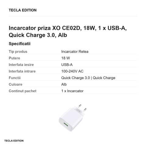 Incarcator priza XO CE02D, 18W, 1 x USB-A, Quick Charge 3.0, Alb [2]