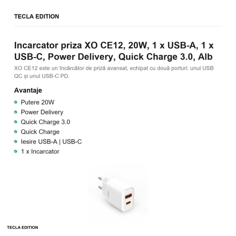 Incarcator priza XO CE12, 20W, 1 x USB-A, 1 x USB-C, Power Delivery, Quick Charge 3.0, Alb [1]
