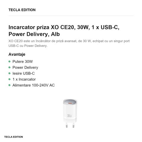 Incarcator priza XO CE20, 30W, 1 x USB-C, Power Delivery, Alb [1]
