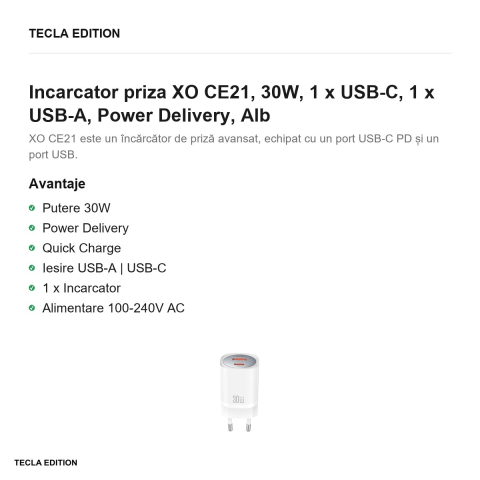 Incarcator priza XO CE21, 30W, 1 x USB-C, 1 x USB-A, Power Delivery, Alb [1]