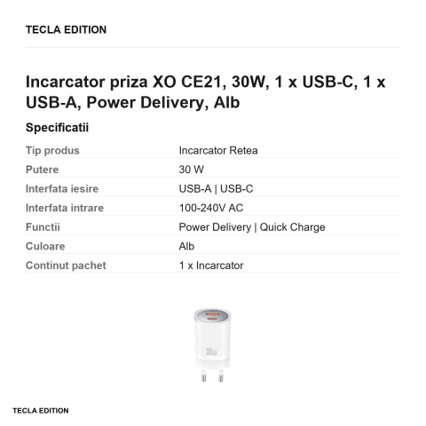 Incarcator priza XO CE21, 30W, 1 x USB-C, 1 x USB-A, Power Delivery, Alb [2]