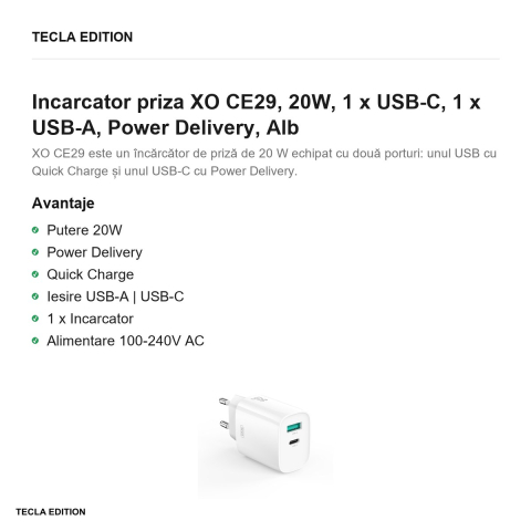Incarcator priza XO CE29, 20W, 1 x USB-C, 1 x USB-A, Power Delivery, Alb [1]