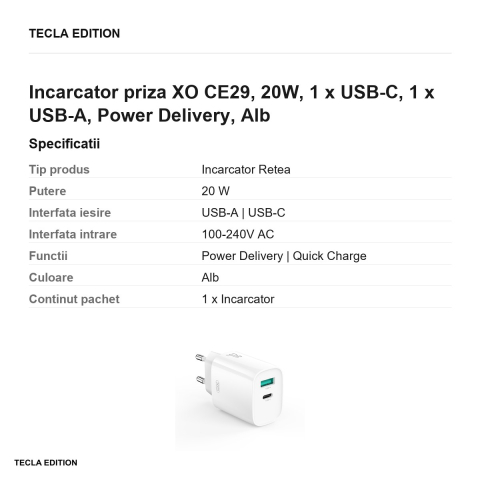 Incarcator priza XO CE29, 20W, 1 x USB-C, 1 x USB-A, Power Delivery, Alb [2]