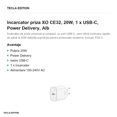 Incarcator priza XO CE32, 20W, 1 x USB-C, Power Delivery, Alb [1]
