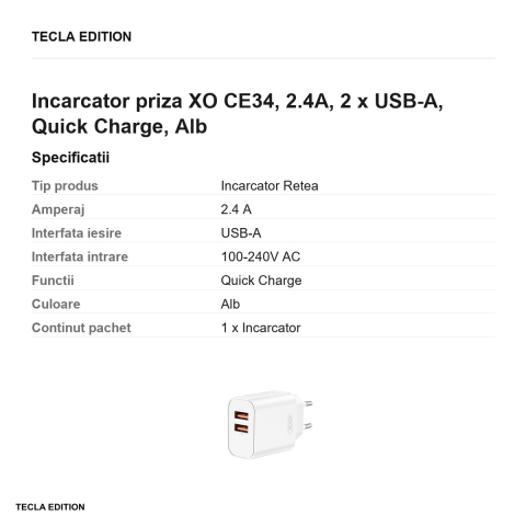 Incarcator priza XO CE34, 2.4A, 2 x USB-A, Quick Charge, Alb [2]