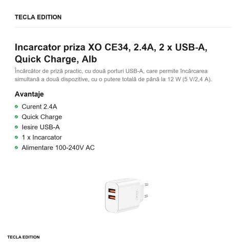 Incarcator priza XO CE34, 2.4A, 2 x USB-A, Quick Charge, Alb [1]
