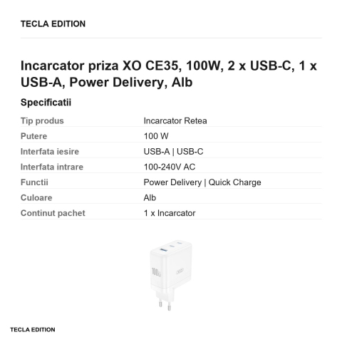 Incarcator priza XO CE35, 100W, 2 x USB-C, 1 x USB-A, Power Delivery, Alb [2]