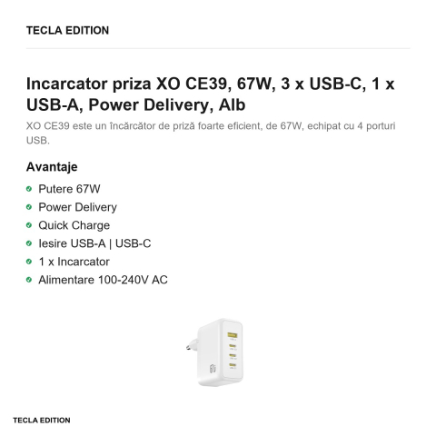 Incarcator priza XO CE39, 67W, 3 x USB-C, 1 x USB-A, Power Delivery, Alb [1]