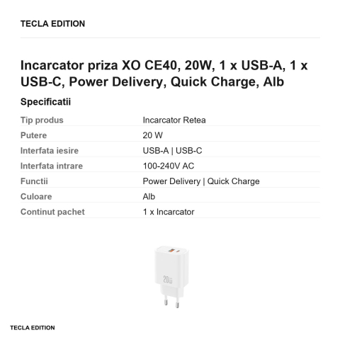 Incarcator priza XO CE40, 20W, 1 x USB-A, 1 x USB-C, Power Delivery, Quick Charge, Alb [2]