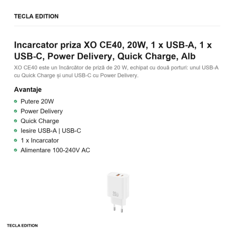 Incarcator priza XO CE40, 20W, 1 x USB-A, 1 x USB-C, Power Delivery, Quick Charge, Alb [1]