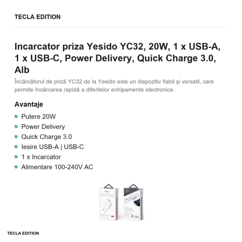 Incarcator priza Yesido YC32, 20W, 1 x USB-A, 1 x USB-C, Power Delivery, Quick Charge 3.0, Alb [1]