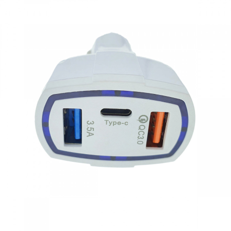 Incarcator rapid auto 35W, cu 3 porturi, USB tip C, USB QC 3.0 si USB 3.5A, 12 - 32 V, cu protectie, alb [1]