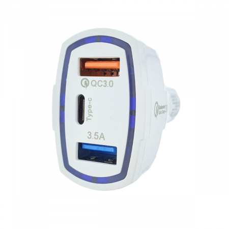 Incarcator rapid auto 35W, cu 3 porturi, USB tip C, USB QC 3.0 si USB 3.5A, 12 - 32 V, cu protectie, alb [5]