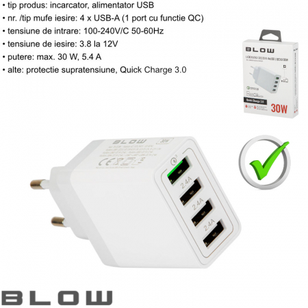 Incarcator rapid de perete QC 3.0, 30W, 5.4A, 4xUSB, Blow 11760, 100-240V, alb [5]