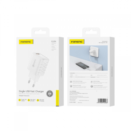 Incarcator retea, un port USB, 5V/3A QC 3.0, Foneng EU54, alb [3]