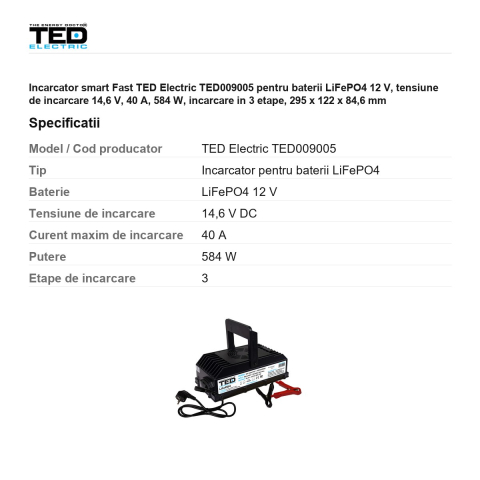 Incarcator smart Fast TED Electric TED009005 pentru baterii LiFePO4 12 V, tensiune de incarcare 14,6 V, 40 A, 584 W, incarcare in 3 etape, 295 x 122 x 84,6 mm [2]