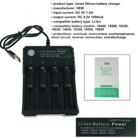 Incarcator USB inteligent pentru 4 acumulatori litiu, 4.2V, 1000mA, 18650, negru [5]