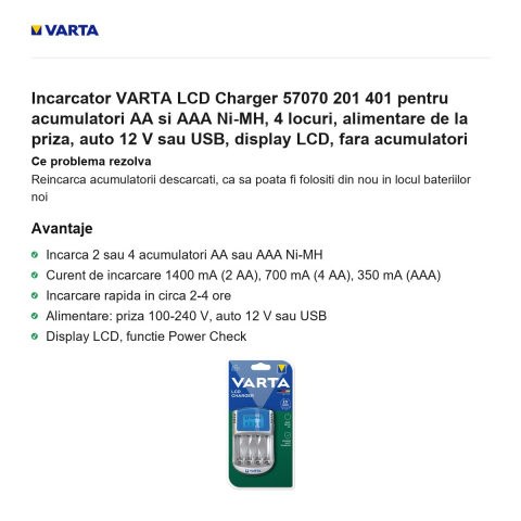 Incarcator VARTA LCD Charger 57070 201 401 pentru acumulatori AA si AAA Ni-MH, 4 locuri, alimentare de la priza, auto 12 V sau USB, display LCD, fara acumulatori [1]